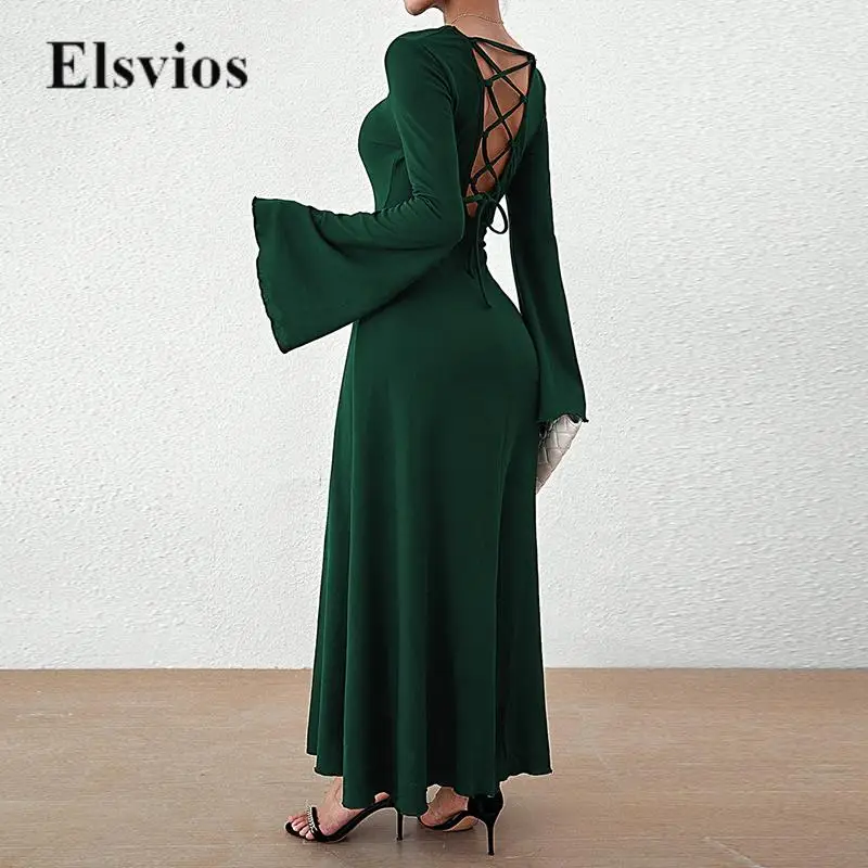

Sexy Criss-Cross Tie-up Hollow Backless Party Dress Lady Fashion Solid O Neck Maxi Dresses Elegant Flare Sleeve Women Long Dress