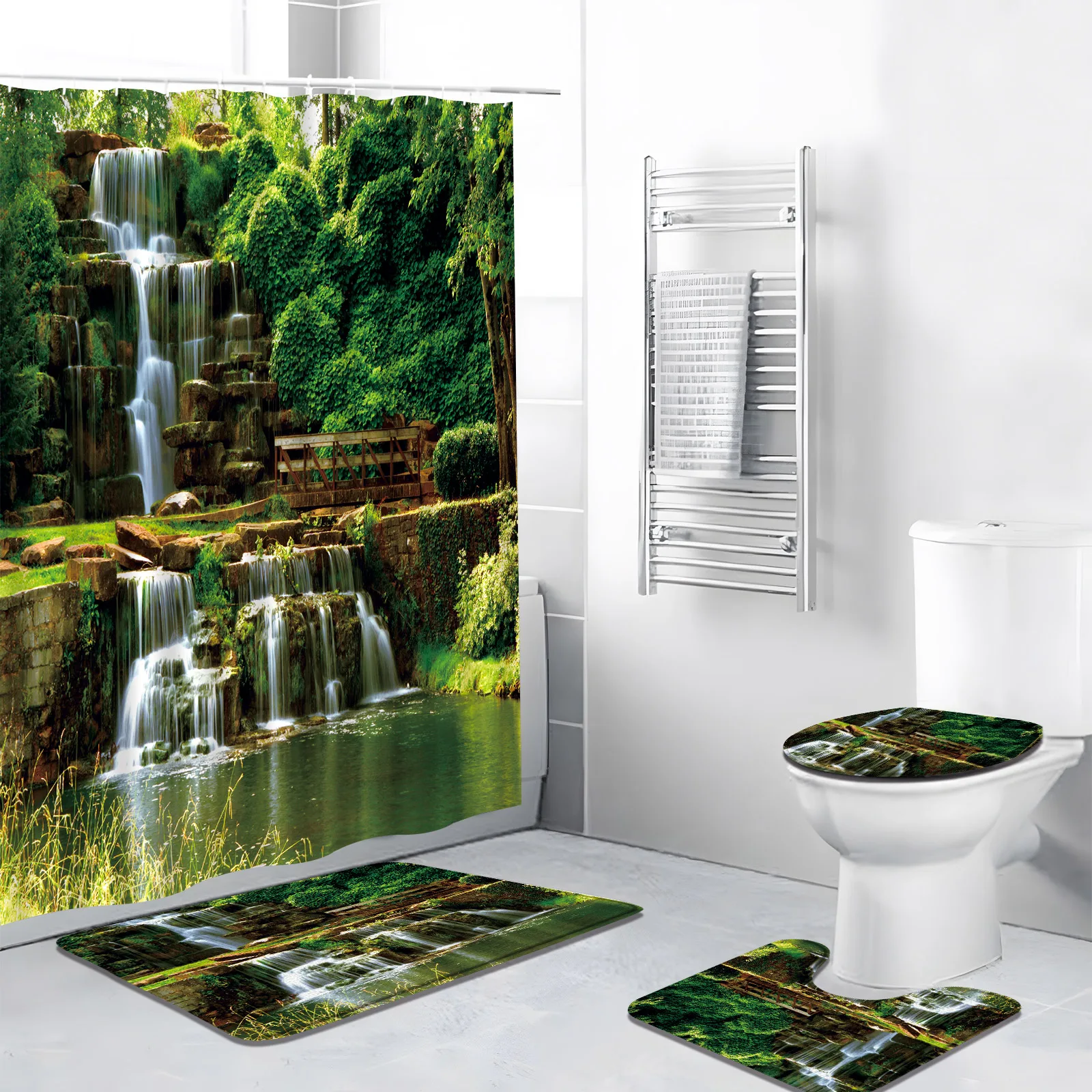 4pcs/Set Waterfall Shower Curtain Green Forest Landscape Tree Summer Scenery Nature Bathroom Decor Bath Mat Rug Toilet Cover
4pcs/Set Waterfall Shower Curtain Green Forest Landscape Tree Summer Scenery Nature Bathroom Decor Bath Mat Rug Toilet Cover