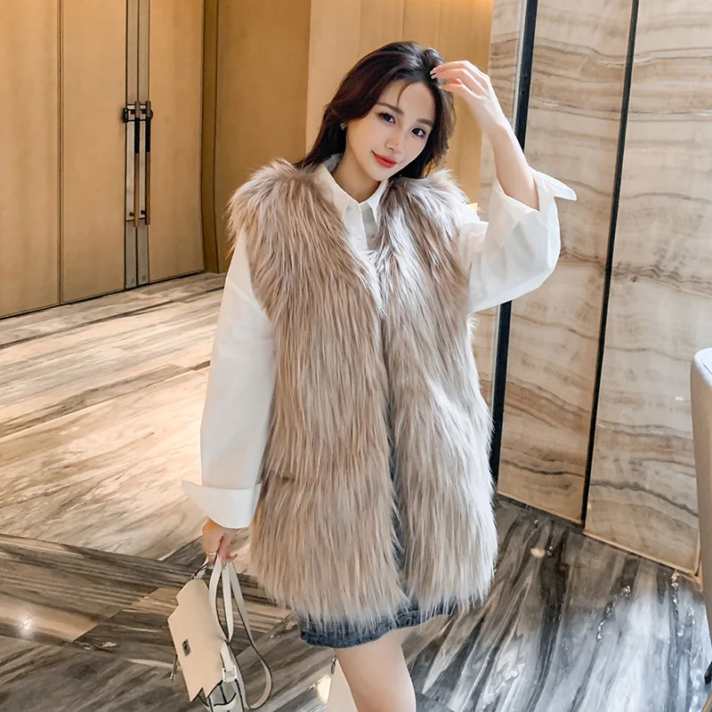 

2023 Elegant Women Fashion Fluffy Artificial Faux Fox Fur Waistcoats Female Street Warm Sleeveless V Neck Jackets Vests H541