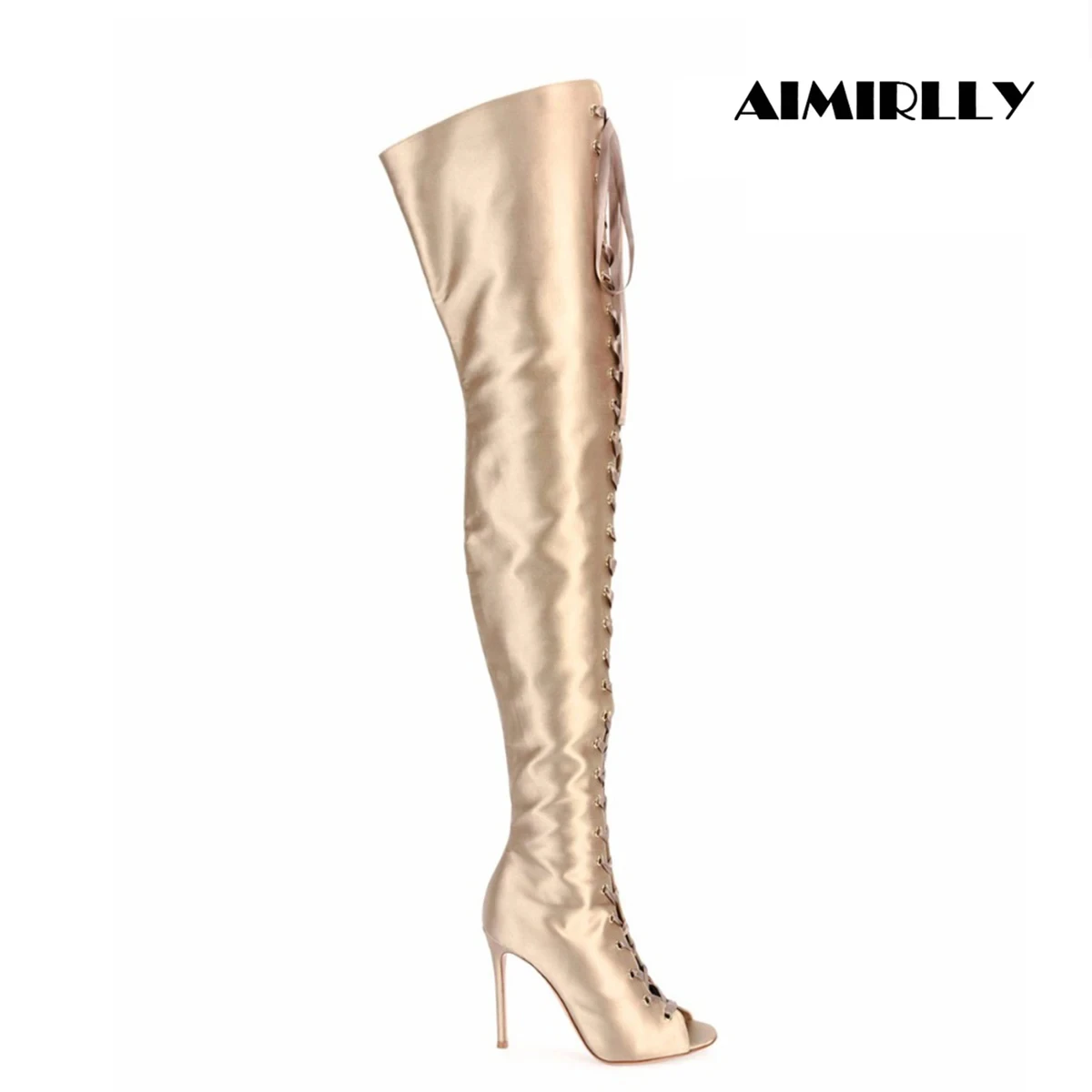 

Fashion Women's Over The Knee Boots Peep Toe High Heels Shoes Thigh Heigh Winter Long Boots Lace Up Gold Satin