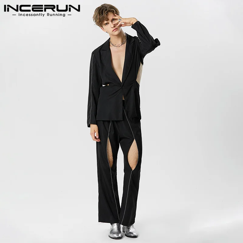 

Fashionable Casual New Mens Sexy Sets INCERUN Long Sleeve Suit Pntas Stylish Male Hollow Splice Strips Two Piece Sets S-5XL 2023