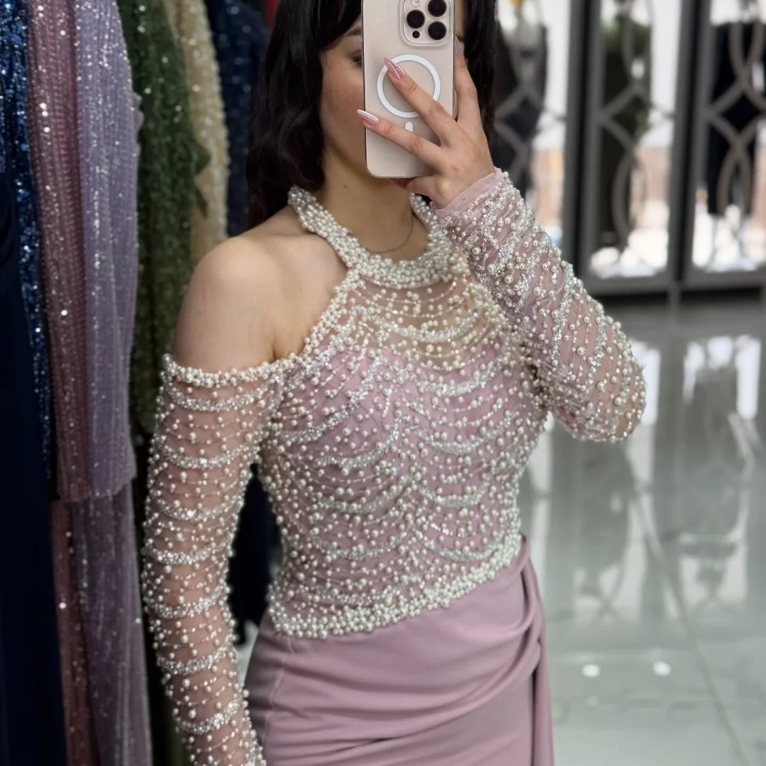 Sansa Customized Beaded Halter Neck Prom Dresses Long Sleeves فساتين للمناسبات الخاصة Pearls vestidos de fe 9 Sbcbc2260d0e24dfd88f2d7927508ee87b