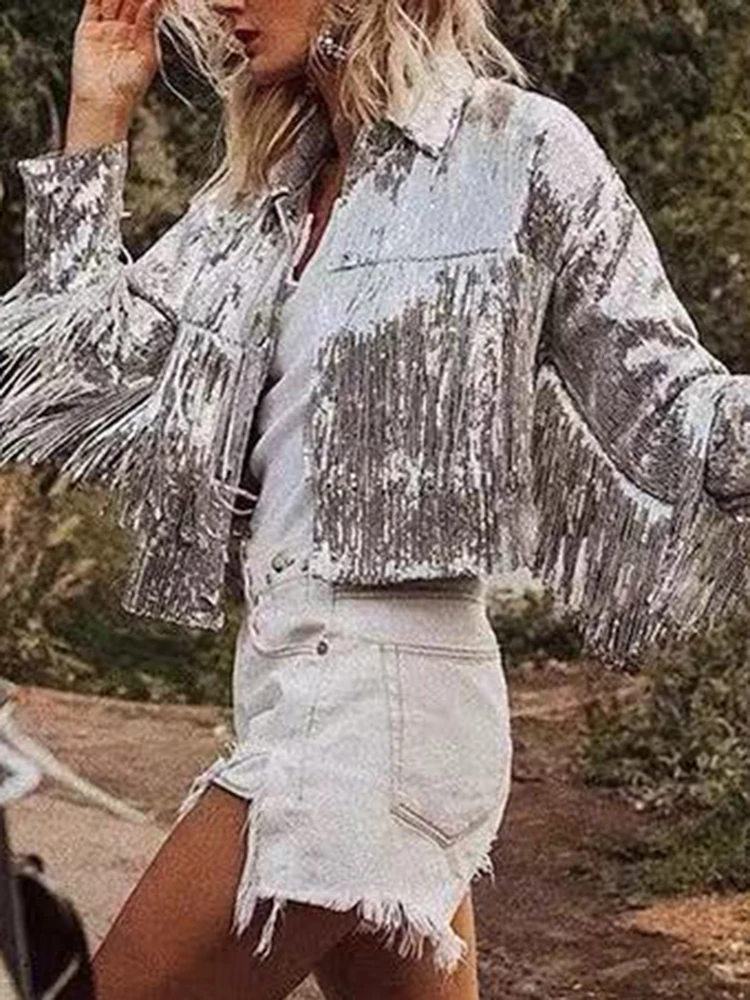 Fashion Nightclub Bar Dance Shiny Sequin Jacket Long-sleeve Tassel Beads Loose Jackets For Women Autumn Lapel Short Womens Coat
Fashion Nightclub Bar Dance Shiny Sequin Jacket Long-sleeve Tassel Beads Loose Jackets For Women Autumn Lapel Short Womens Coat