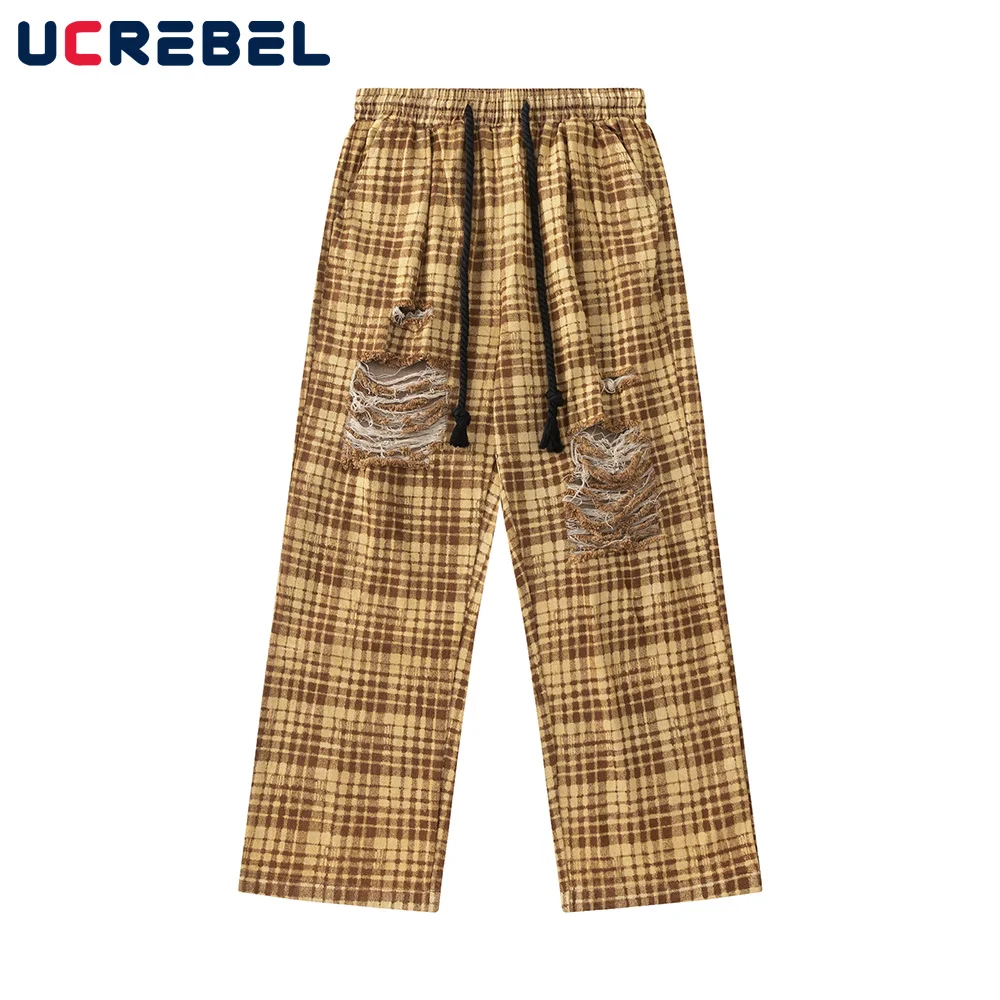 Ripped Plaid Wide Leg Pants Mens Streetwear Loose Straight Casual Drawstring Elastic Waist Trousers Men 
Ripped Plaid Wide Leg Pants Mens Streetwear Loose Straight Casual Drawstring Elastic Waist Trousers Men