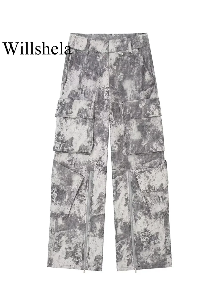 

Willshela Women Fashion With Pockets Printed Front Zipper Cargo Pants Vintage High Waist Full Length Female Chic Lady Trousers