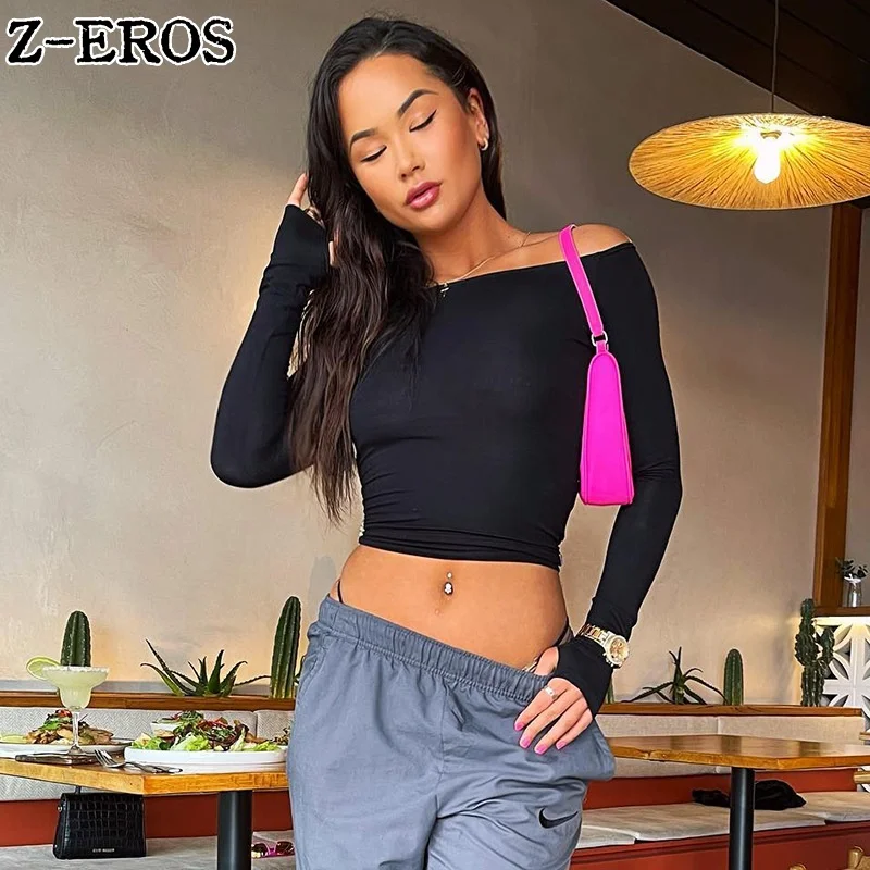 

Z-EROS Women's Solid Color Long Sleeved Straight Neckline With Hollowed Out Top At The Back, Slim Fit Y2K Pullover Bottom Shirt