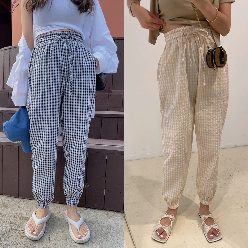Summer retro thin style high waist slim bunched foot casual pants women's everything pull rope plaid wide leg pants
Summer retro thin style high waist slim bunched foot casual pants women's everything pull rope plaid wide leg pants