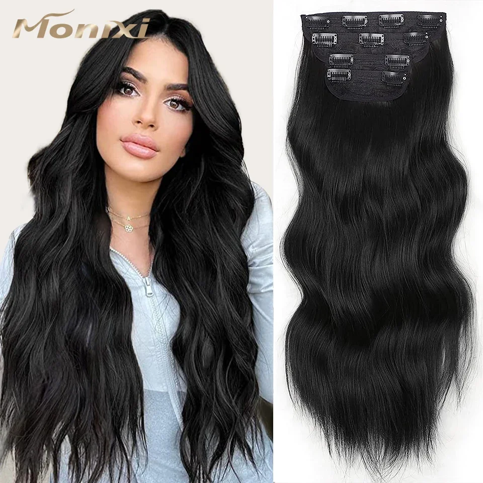 

MONIXI Synthetic Black Hair Extension for Women Long Wavy Soft Glam Hairpieces Double Weft Hair Synthetic Clip in Hair Extension