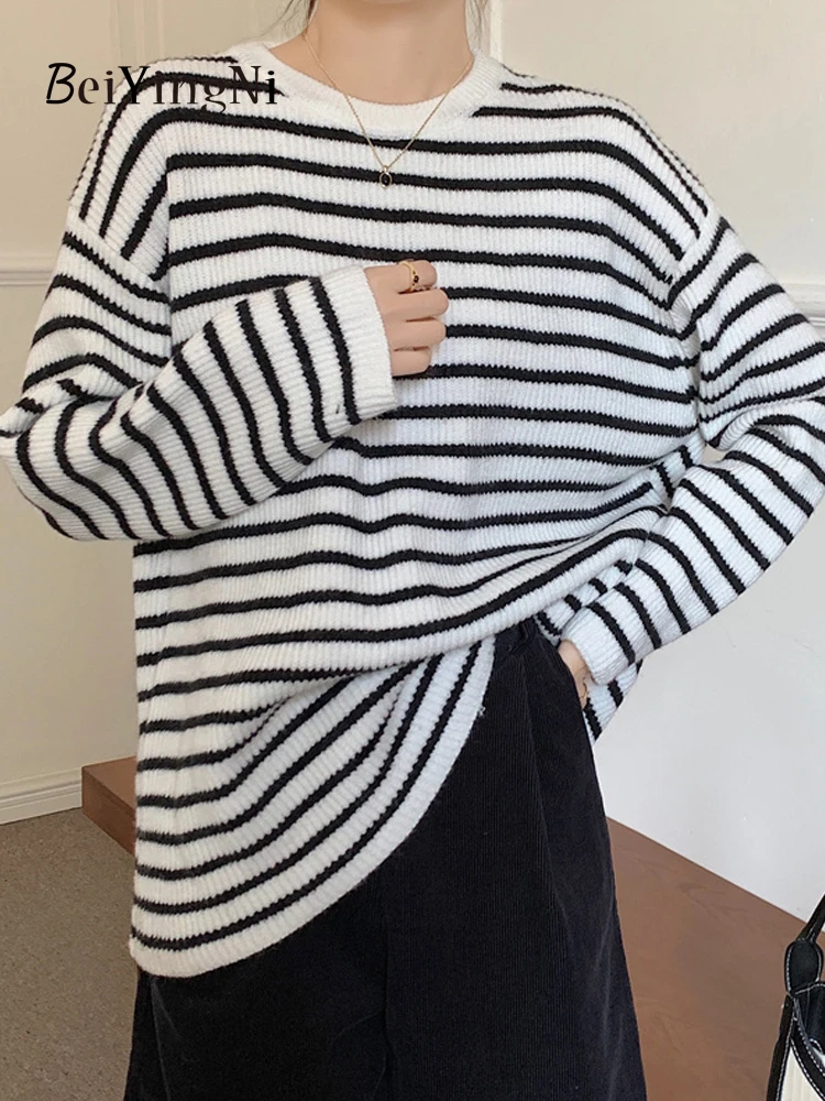 Beiyingni Korean Style Oversized Sweaters Women Striped Vintage Loose Autumn Winter Knitted Pullovers Female Chic Casual Sweater
Beiyingni Korean Style Oversized Sweaters Women Striped Vintage Loose Autumn Winter Knitted Pullovers Female Chic Casual Sweater