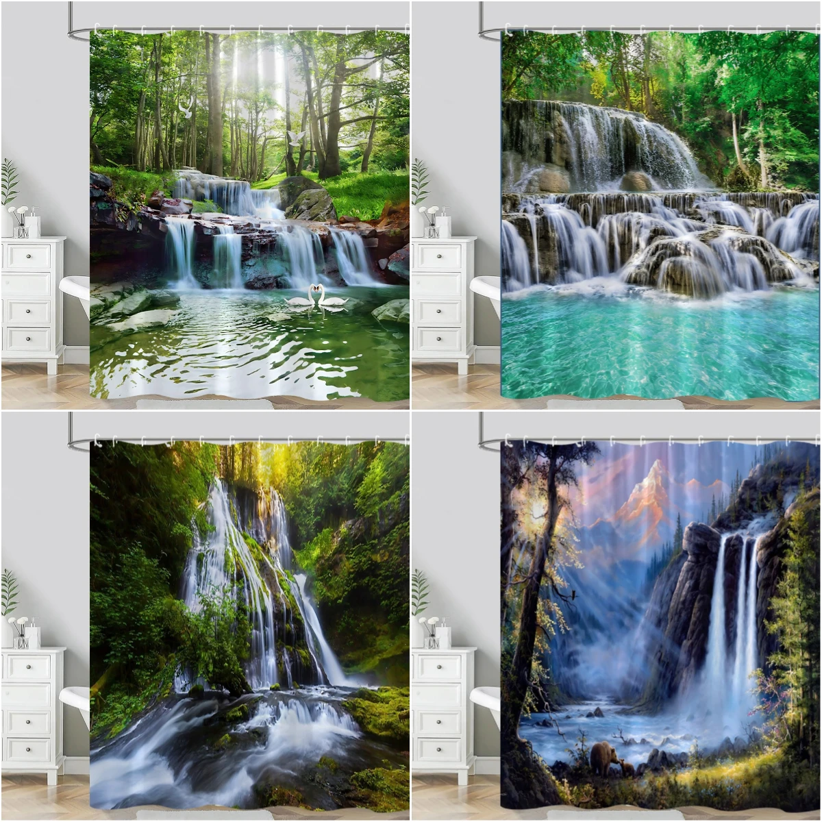 

Natural Forest Shower Curtain Rainforest Modern Natural Scenery Waterfall River Polyester Fabric Bathroom Decor Curtain Washable