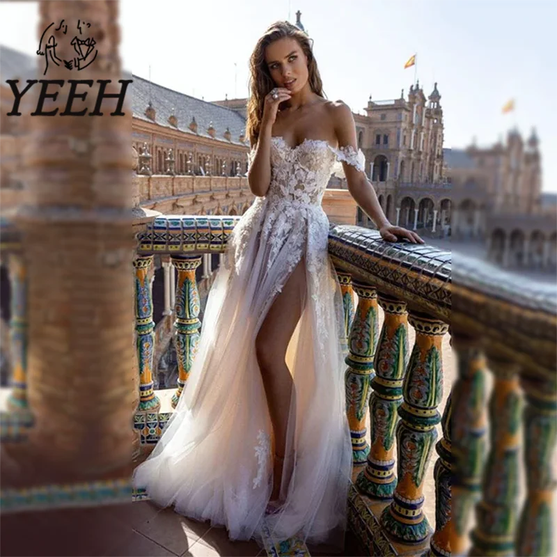 

YEEH Wedding Dress Lace Appliques High Slit Bridal Gown Off-the-shoulder Sweetheart Court Train Vestido De Noiva for Bride