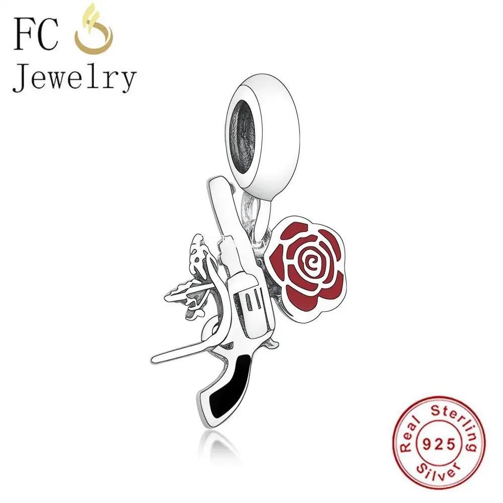 

FC Jewelry Fit Original Pan Charms Bracelet 925 Sterling Silver Gun & Rose Red Flower Bead For Making Women Berloque 2024 New