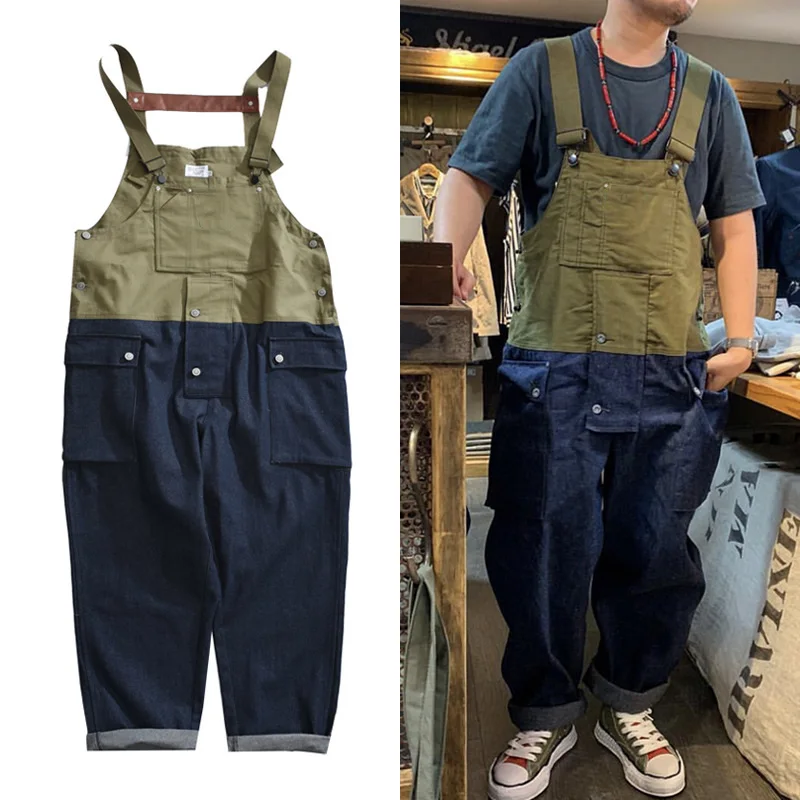 

Men's Color-Blocking Jeans Jumpsuit Casual Cargo Pants Plus Size Loose Denim Trousers Workwear Fashion Street Wear Men Overalls