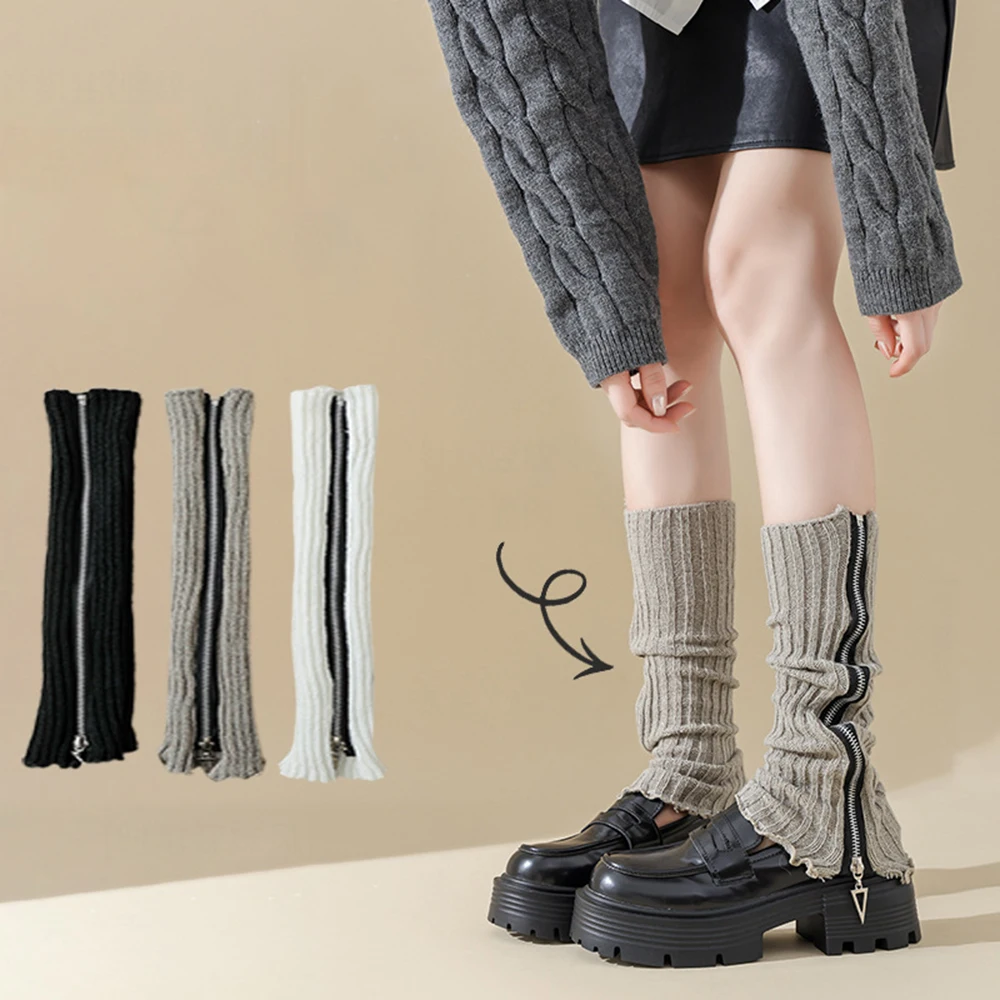 

White Zipper Leg Warmers Women's JK Lolita Long Socks Knitted Warm Arm Foot Cover Autumn Winter Y2K Crochet Socks Boot Cuffs