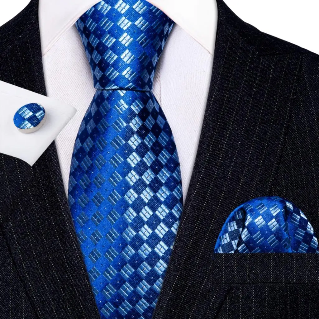 

Luxury Blue Silver Plaid Tie for Mens Necktie Handkerchief Cufflinks Set Wedding Business Party Gravata Barry·Wang 6342