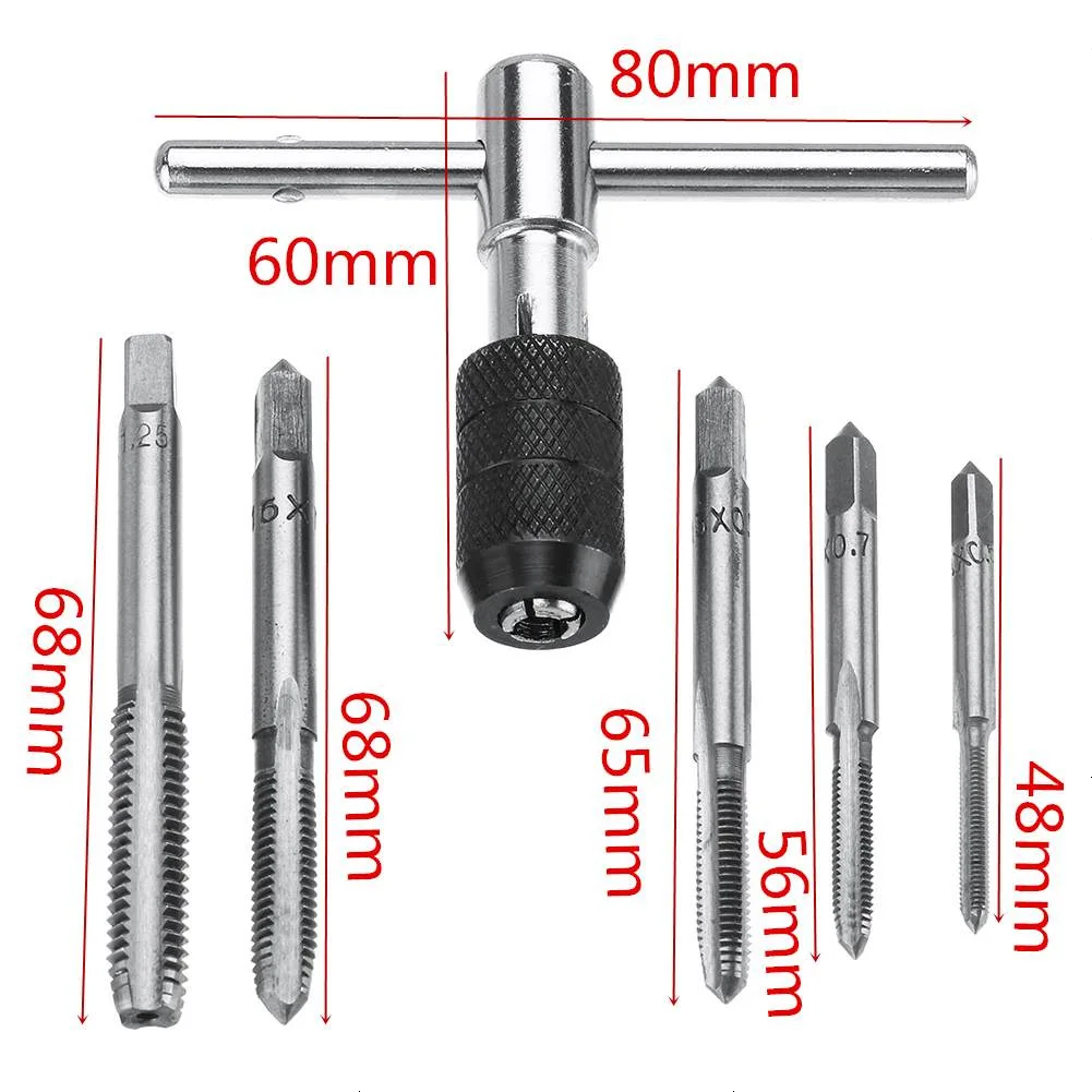 

6pcs Tap Drill Set T Handle Ratchet Tap Wrench Machinist Shrink Tool With Screw M3 To M8 Repair Accessories Alloy Steel