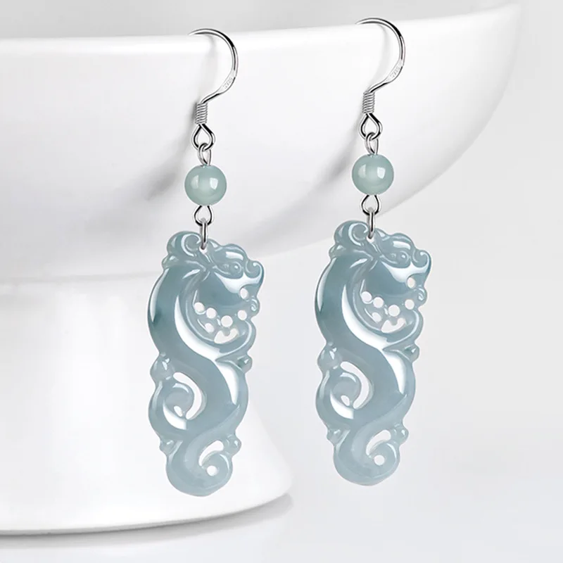 

High End S925 Silver Inlaid Natural A-grade Jadeite Blue Water Imitation Ancient Dragon Earrings Ice Jade Women's Gifts Jewelry