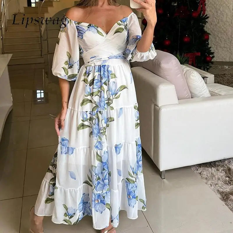Sexy Deep V Neck Off Shoulder Half Sleeve Dress Fashion 3D Flower Print Long Dress Elegant Ladies Slim Waisted S-Line Cake Dress
Sexy Deep V Neck Off Shoulder Half Sleeve Dress Fashion 3D Flower Print Long Dress Elegant Ladies Slim Waisted S-Line Cake Dress