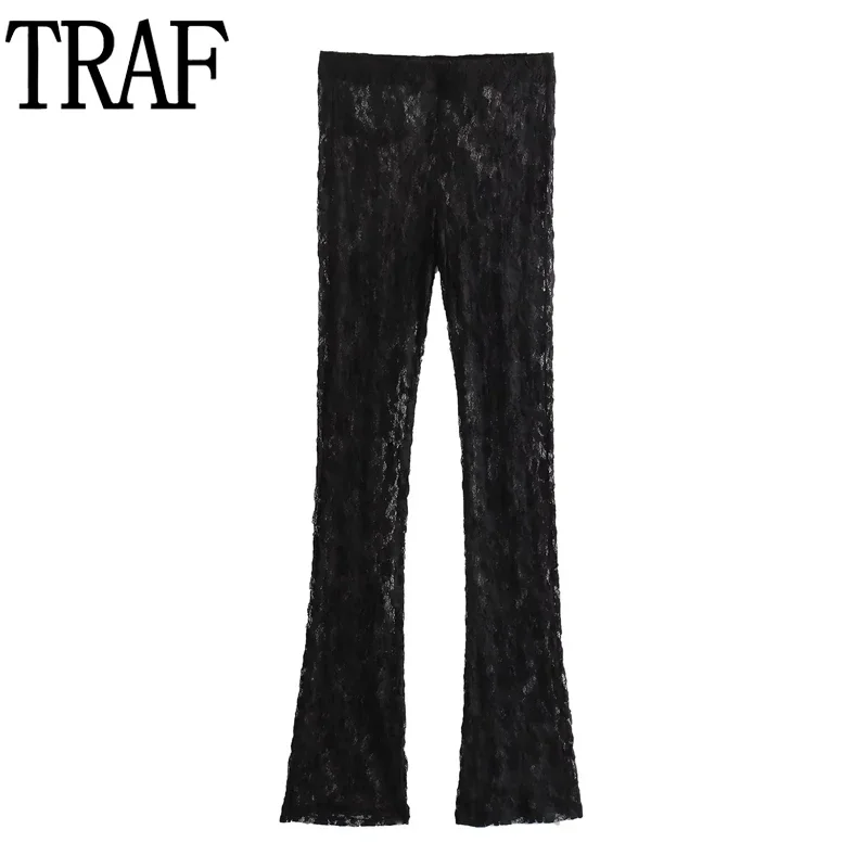 

TRAF Black Lace Leggings Women Semi Sheer Female Legging Pants Cut Out High Waist Pants For Women 2023 Fashion Sexy Tights