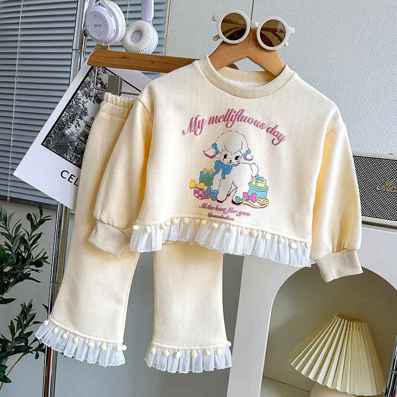 

Комплект для маленьких девочек, новинка осень-зима, кружевной свитер с разрезом, топ с длинными рукавами и мультяшными овечками, милый кружевной комплект с расклешенными брюками для девочек