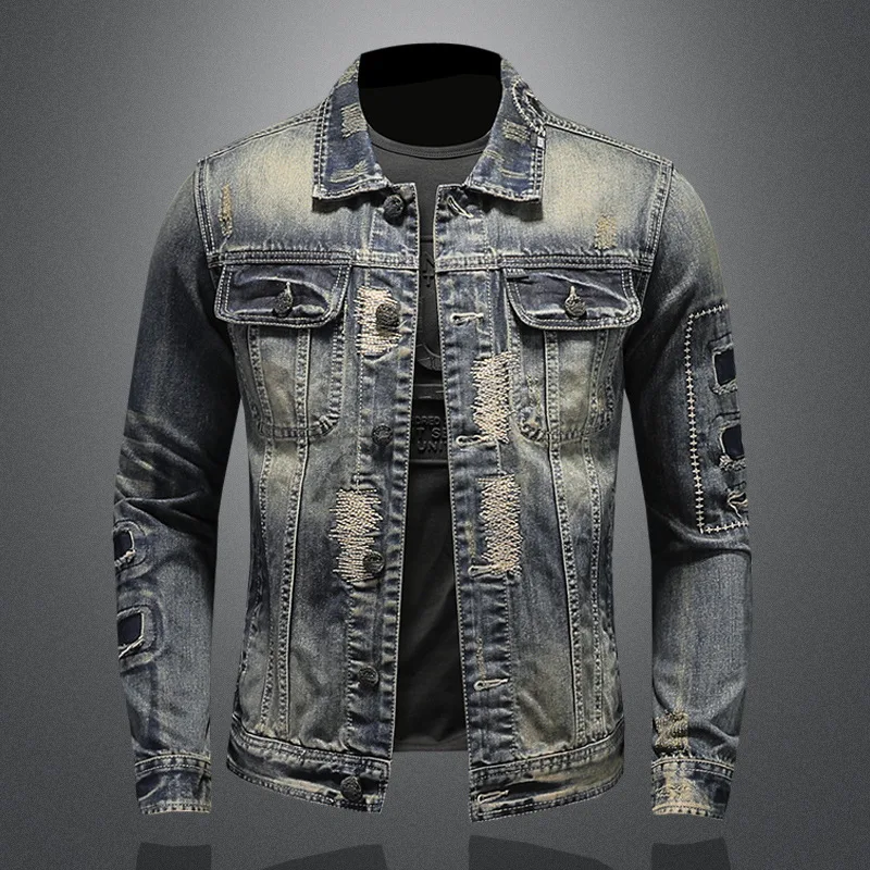 

Демисезонная Мужская джинсовая куртка, рваная куртка из денима в европейском и американском стиле, винтажная мотоциклетная одежда