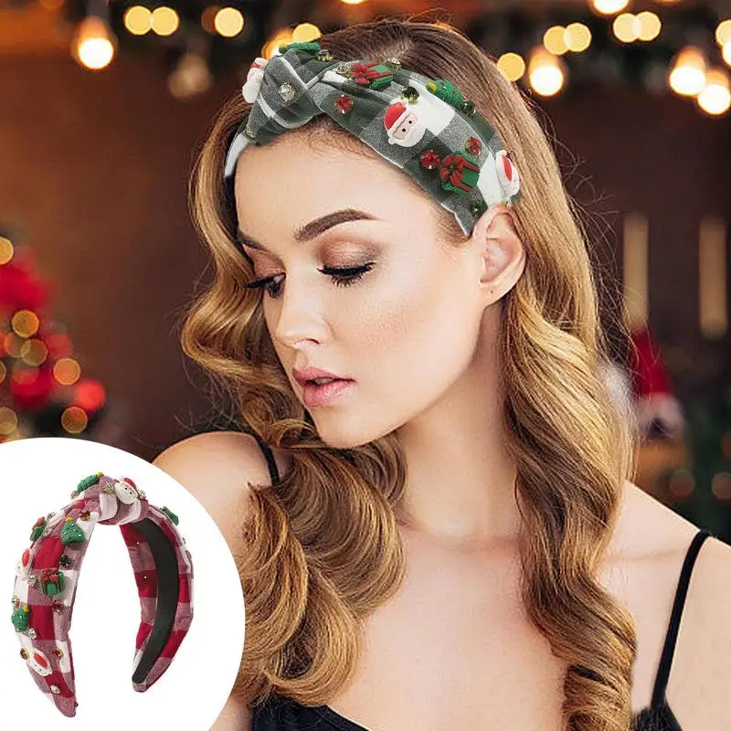 

Wide Knotted Plaid Headbands Rhinestone Crystal Jeweled Embellished Knot Headbands for Women Girls Wide Top Knot Hairband