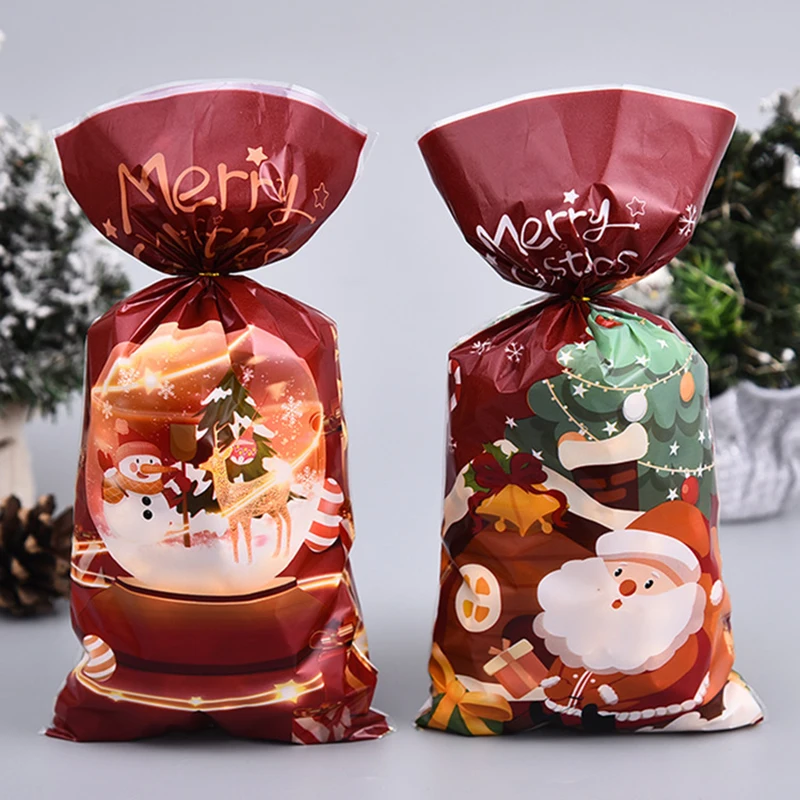 

50Pcs Merry Christmas Snowman Santa Claus Pattern Wine Red Candy Bags Cookie Snack Bags Kids Birthday Christmas Party Supplies