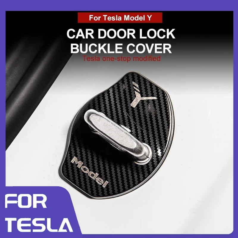 

2023 Tesla модель Y Автомобильный Дверной замок, застежка, крышка дверного замка, металлическая наклейка из углеродного волокна, защита для Tesla, аксессуары для украшения