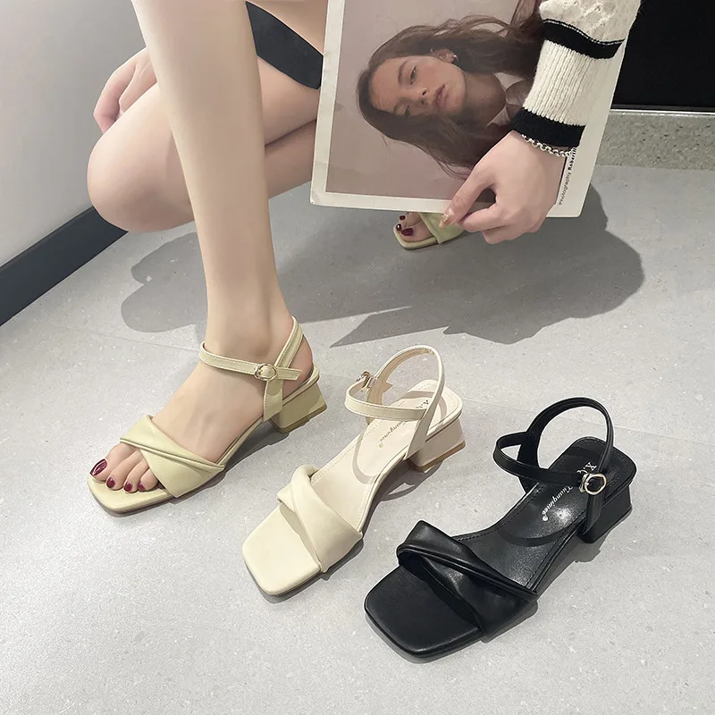 

One-word Buckled Sandals Women's Fairy Style Fashion Open-toed Square-toed Thick-heeled Roman Medium-heeled High-heeled Shoes