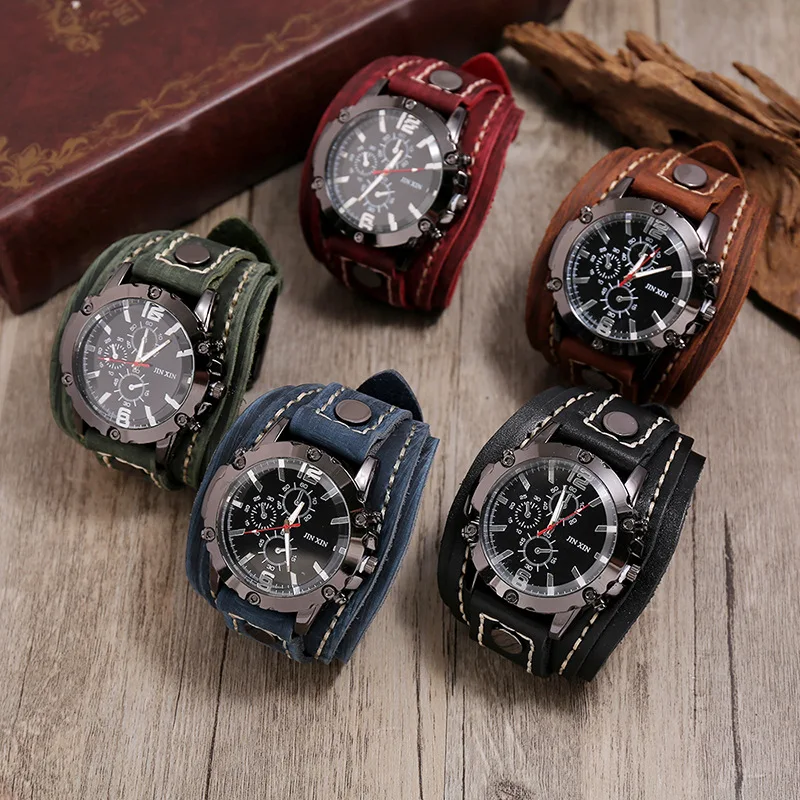 Mens Quartz Watches Luxury Wristwatch Cowhide Watchband Punk Style Watch for Men Wide Genuine Leather Bracelets
Mens Quartz Watches Luxury Wristwatch Cowhide Watchband Punk Style Watch for Men Wide Genuine Leather Bracelets