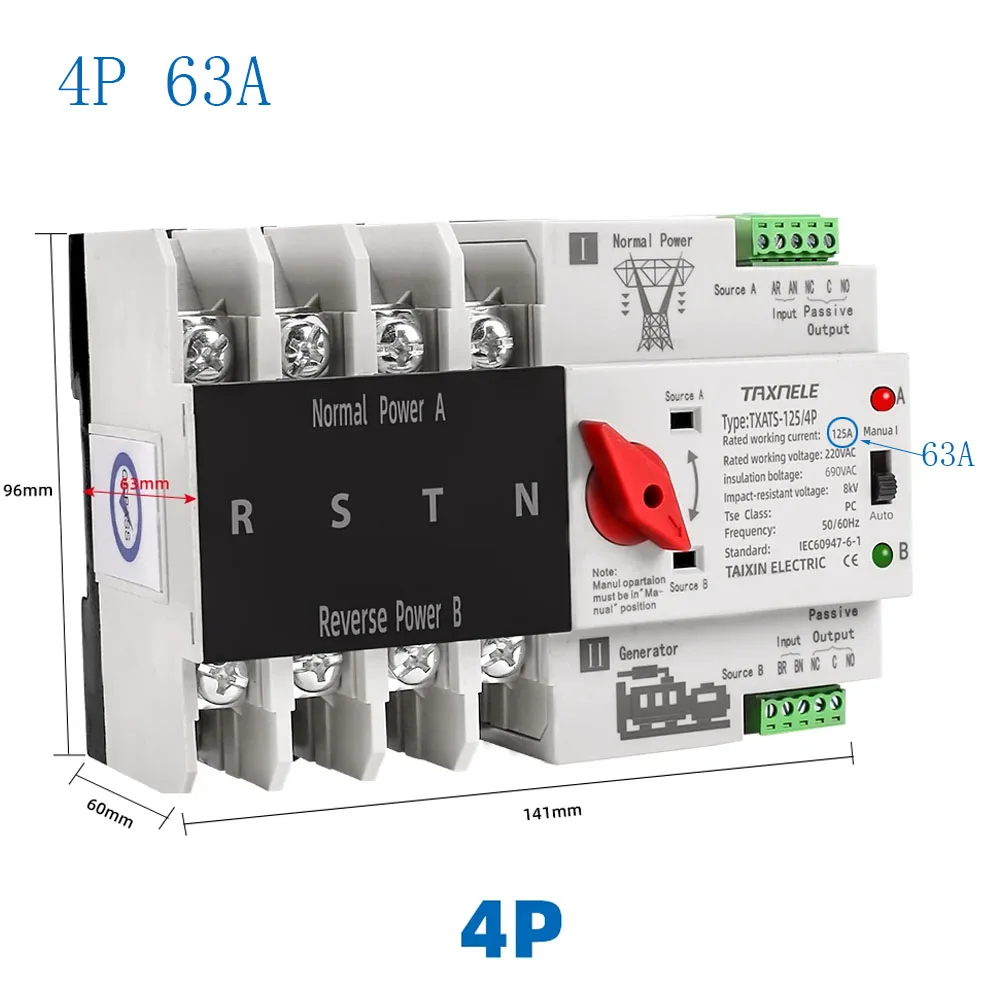 

63A 100A 125A Din Rail 2P 3P 4P ATS Dual Power Automatic Transfer Switch Selector Switches Uninterrupted Power Generator Switch