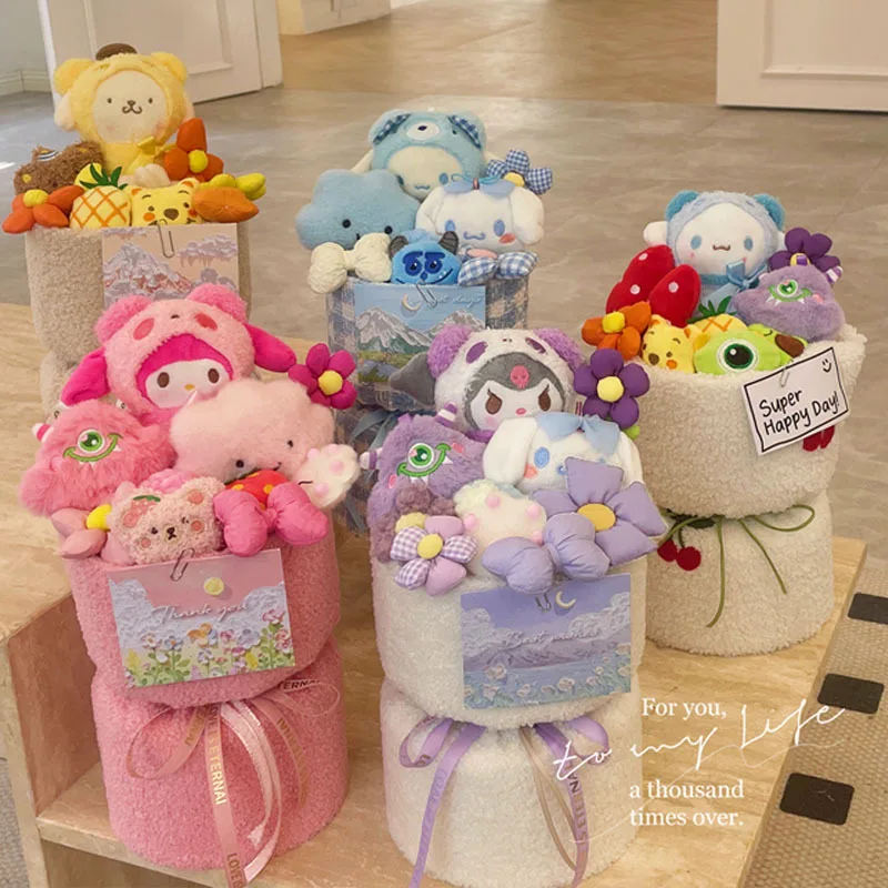 

Sanrio Hello Kitty Cartoon Doll Bouquet Kuromi Melody Pink Birthday Party Gift Couple Plush Ornament Children's Doll Bouquet