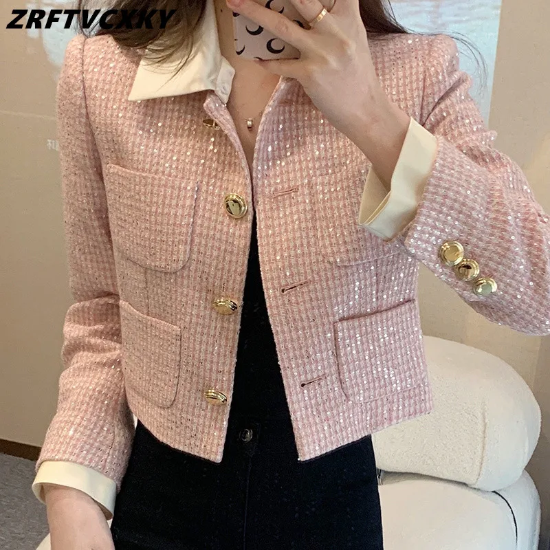 High-End Pink Small Fragrance Short Coat Autumn New Sweet Chic Sequins Tweed Jacket Women Fashion Casual Woolen Outwear Tops
High-End Pink Small Fragrance Short Coat Autumn New Sweet Chic Sequins Tweed Jacket Women Fashion Casual Woolen Outwear Tops