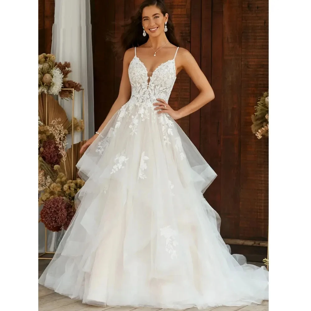 Bohemian elegant women's wedding dress V-neck A-line layered tulle applique backless bridal custom dress Vestidos de novia
Bohemian elegant women's wedding dress V-neck A-line layered tulle applique backless bridal custom dress Vestidos de novia