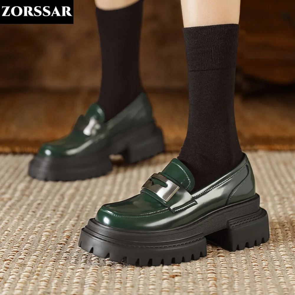 

Chunky Lovers Women Platform Shoe Mary Janes Casual Leather Slip on Ladies Shoes Black Green Fashion Spring Autumn College Style