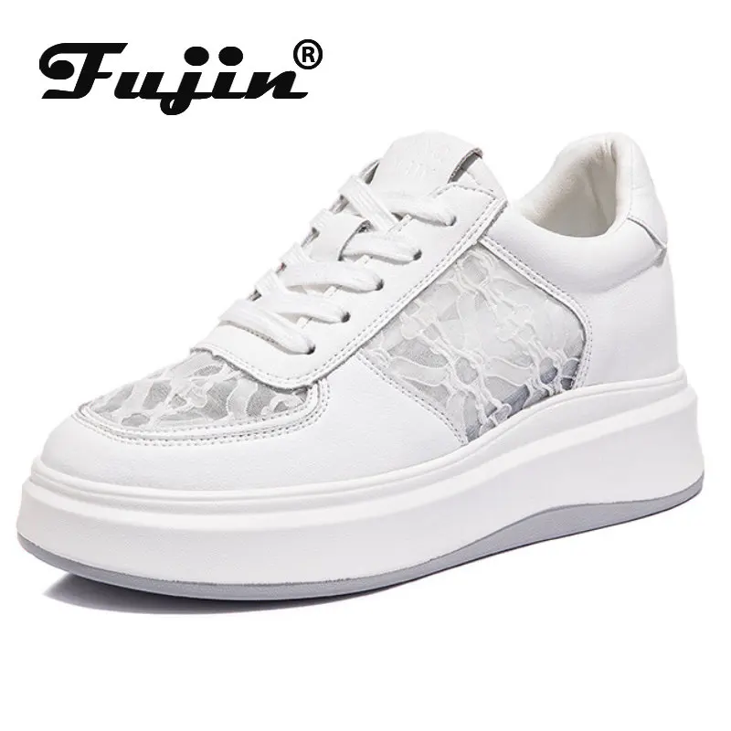 

Fujin 7cm Air Mesh Chunky Sneakers Summer Comfy Cow Genuine Leather Lace Up Ladies Wedge Platform Breathable Hollow Vulcanized