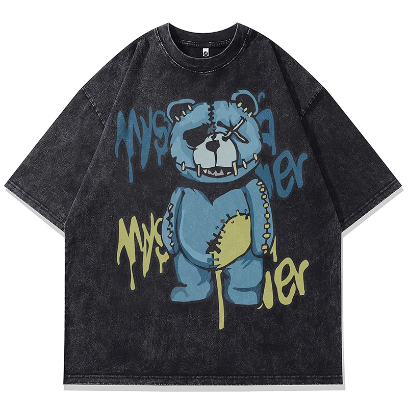 

Summer Mens Washed Tshirts Hip Hop Vintage Cartoon Toy Teddy Bear Printed T-Shirt Streetwear Harajuku Vintage Cotton Tops Tees