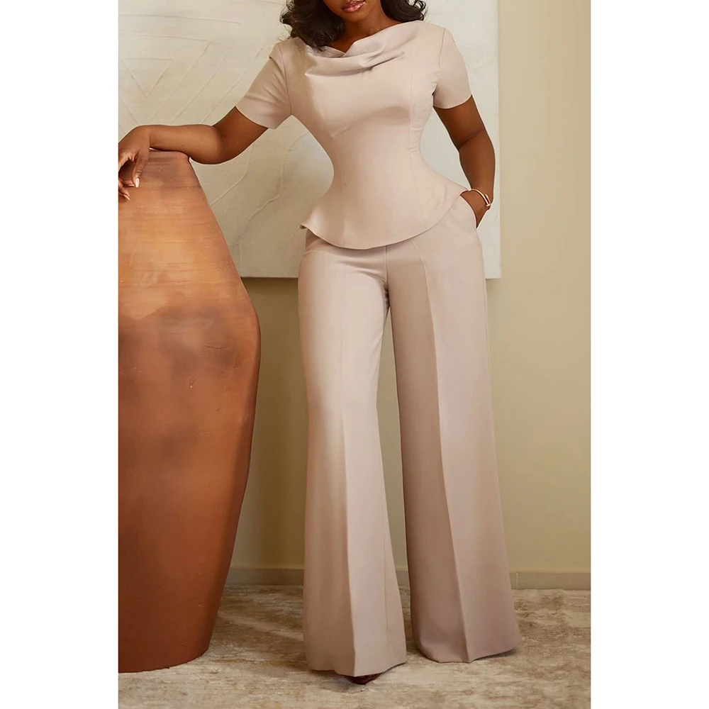 

Plus Size Formal Pant Set Apricot Ruffled Backless Wide Leg Two Piece Pant Set With Pocket