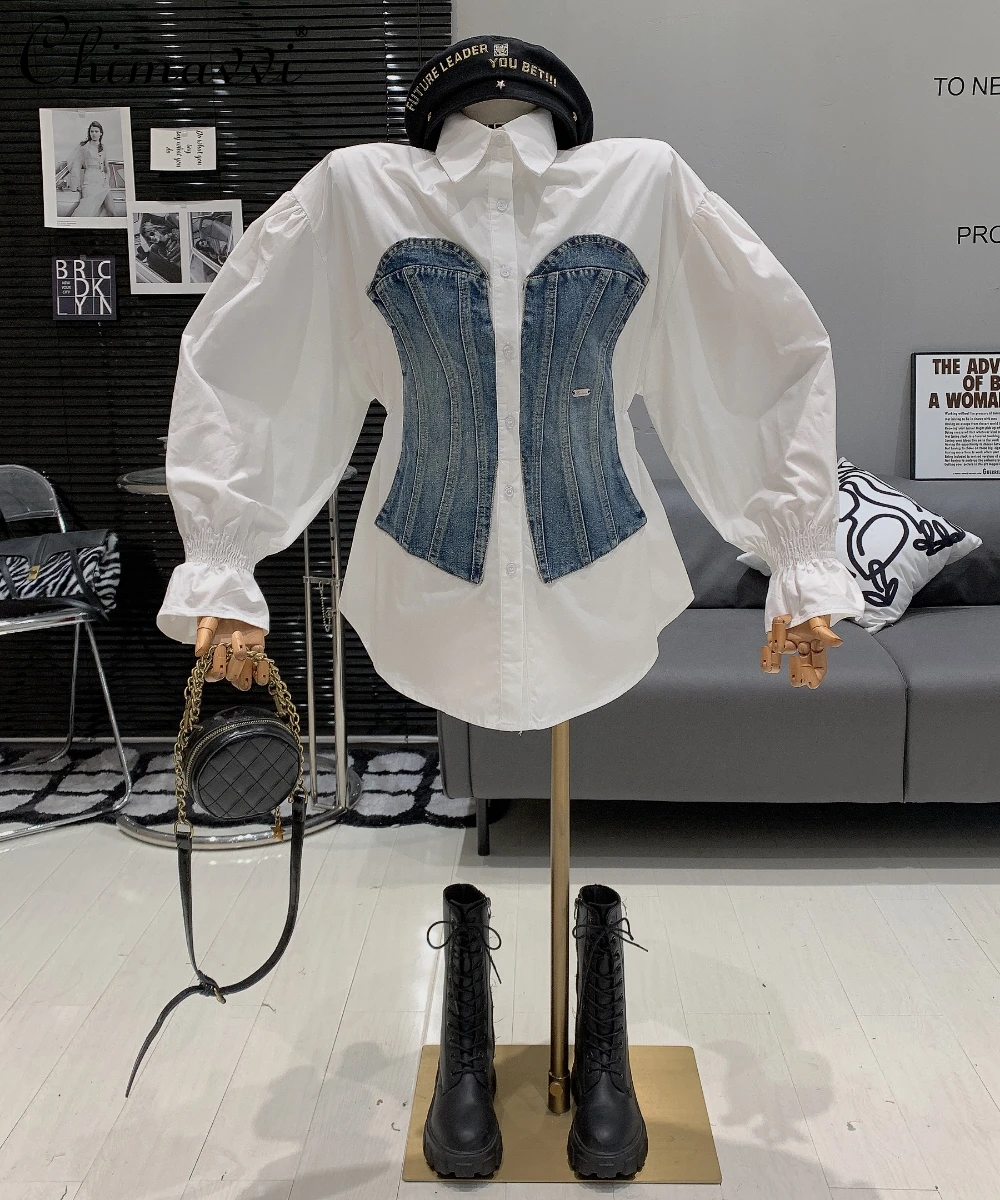 Spring 2024 Korean Denim Stitching Shirt Polo Collar Flared Long Sleeve Single-Breasted Temperament Casual Blouse for Women Tops 
Spring 2024 Korean Denim Stitching Shirt Polo Collar Flared Long Sleeve Single-Breasted Temperament Casual Blouse for Women Tops