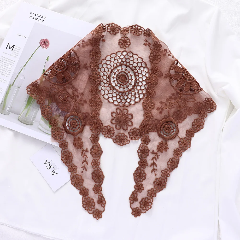 

25x95CM Pashmina Knit Head Scarf Embroidered Rhombus Wrap Shawl Transparent Lace Floral Bandana Long Scarves Women Foulard