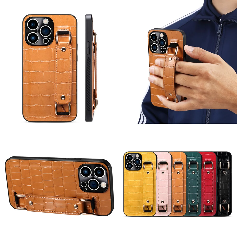 

Denior Luxury 3D Texture Wristband Grip Leather Case for iPhone 14 Pro Max 12 13 Pro 14 Plus Card Holder Soft Edge Rugged Cover