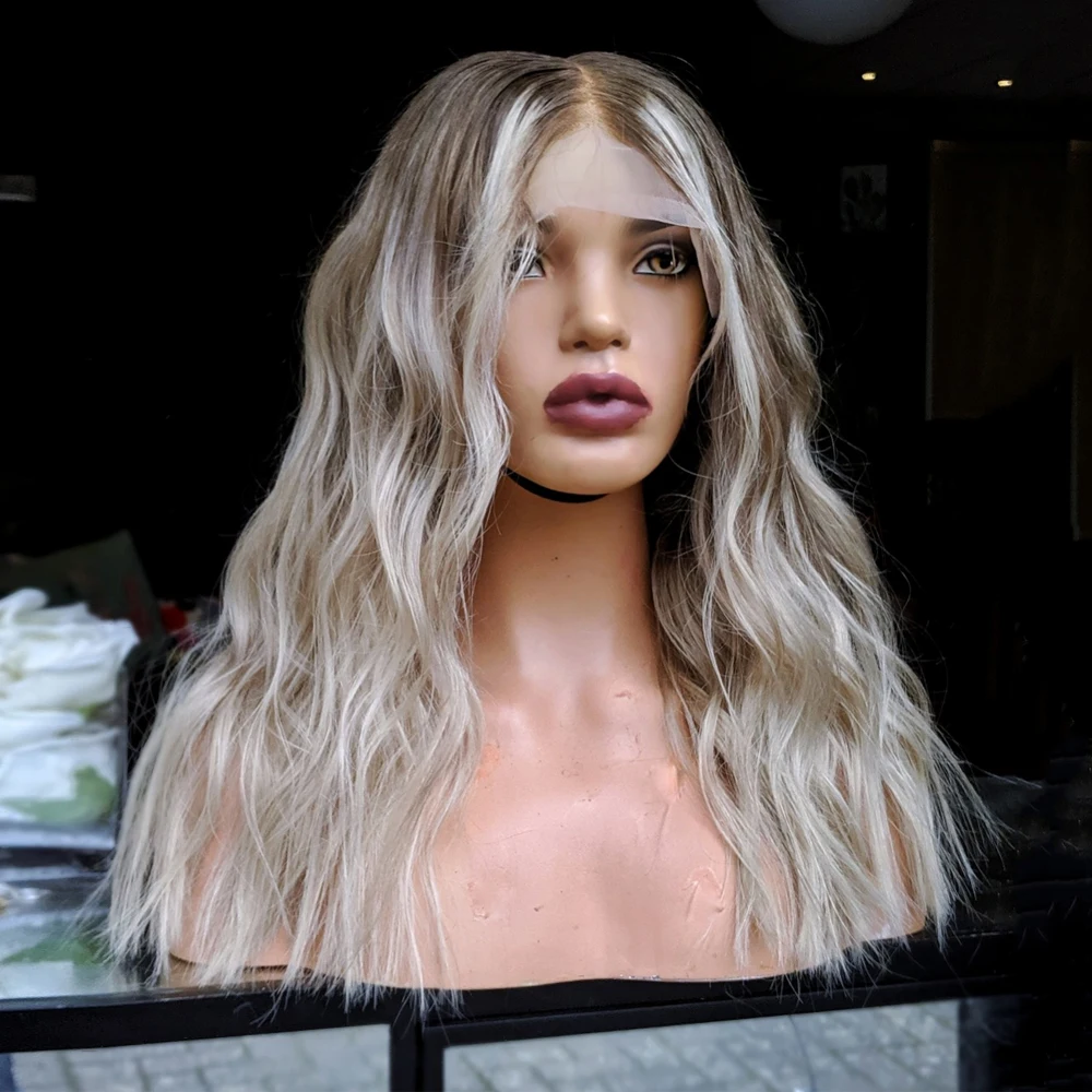 

Pure Brazilian Human Hair Full Lace Wigs Creamy Ash Blonde with Dark Roots Highlights HD Lace Front Wig 13x6 200% Natural Wave