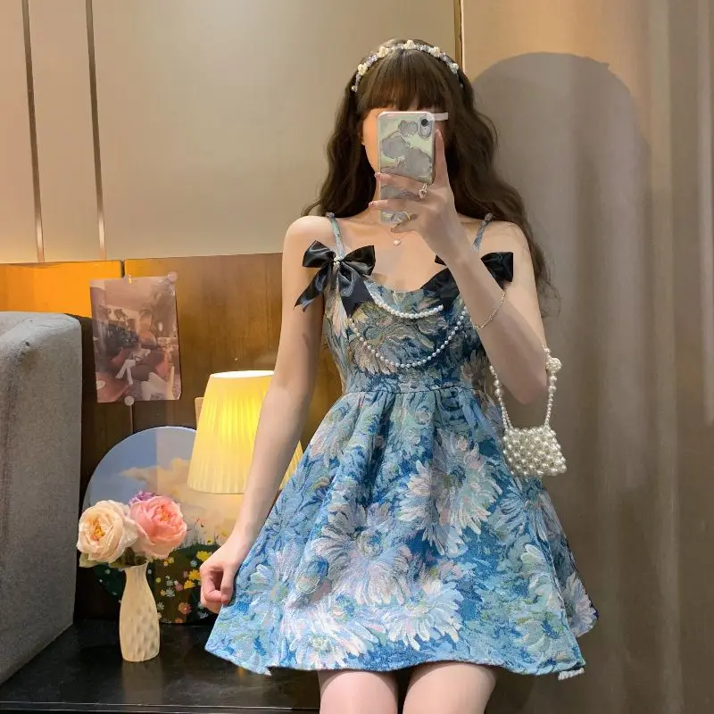 

Shpmishal French Haute Couture Bow Strap Dress for Women's Summer New Style Temperament Fashionable Princess Style Printed Dress