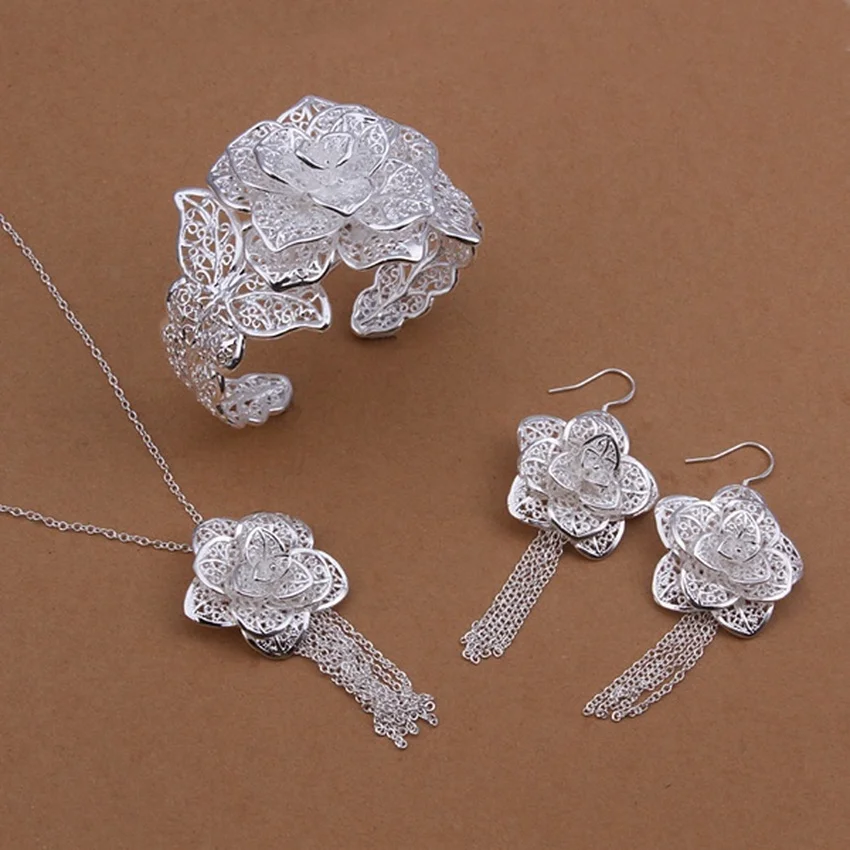 Hot Christmas gifts female charm exquisite large flower necklace bracelet Drop Earrings Silver color jewelry Set
Hot Christmas gifts female charm exquisite large flower necklace bracelet Drop Earrings Silver color jewelry Set