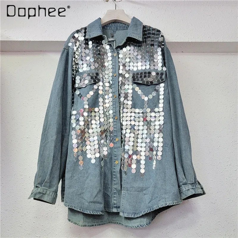 

Streetwear Sequined Denim Shirt for Women 2024 Spring New Loose Woman Single Breasted Long Sleeve Jean Shirts Blusas Tops Mujer