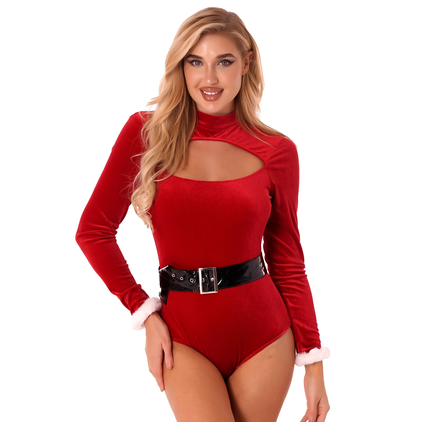 

Womens Christmas Costume Set Long Sleeve Fluffy Trim Bodysuit with Belt and Hat for Cosplay Role Play Theme Party
