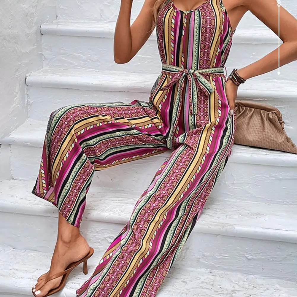 

Women Loose Jumpsuit Colorful Striped Women's Summer Jumpsuit with V Neck Wide Leg Sleeveless Vacation Ninth Jumpsuit with for A