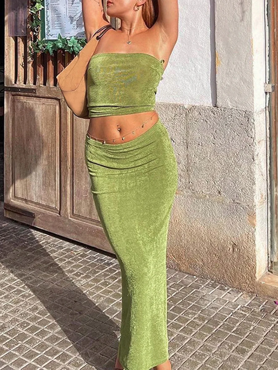 

Women Summer New 2-Piece Solid Color Strapless Navel-Wrapped Breast-Wrapped Tube Top And Hip-Wrapped Ruffled Skirt Elegant Suit