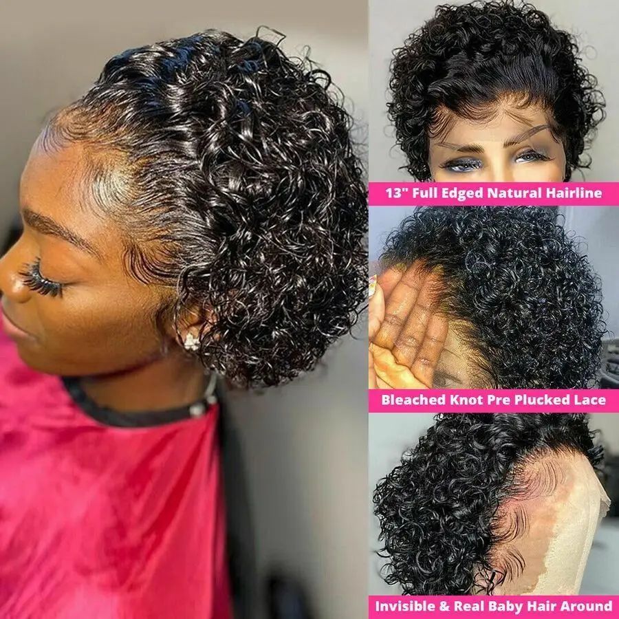 

Pixie Cut Wig Human Hair Brazilian Short Wigs 6 Inch 13x1 Remy Hair Curly Bob Transparent Lace Wig Preplucked Hairline Wholesale