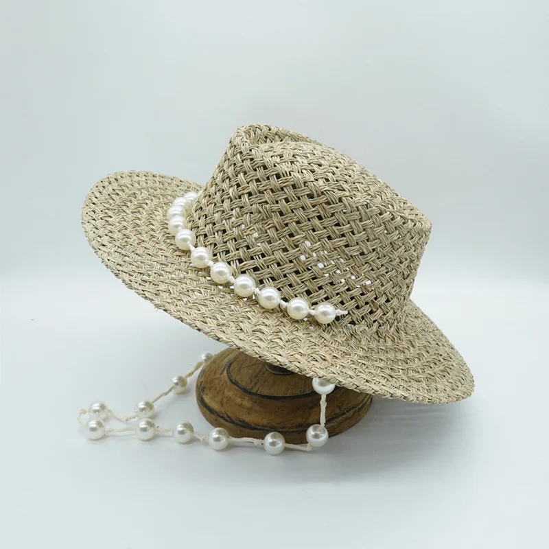 

202204-shi new summer Natural salt grass weaving big pearl rope lady fedoras cap women leisure panama jazz hat